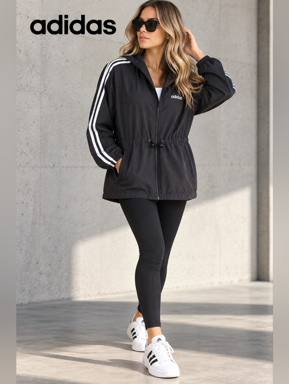 adidas Women’s Black 3 Stripe Hooded Windbreaker Jacket XL